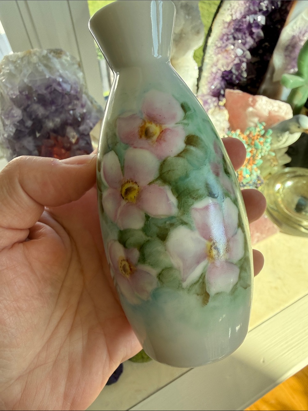 Vintage Floral Porcelain Bud Vase in Pink and Green